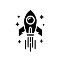 Stylized black rocket ship with starry background, soaring upward with simple, modern, minimalist design. vector