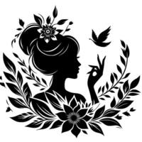 Silhouette of an elegant woman surrounded by floral and foliage elements, reaching for a bird, in a minimalist black and white composition. vector
