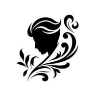 Silhouette of a man with stylized modern haircut, adorned with elegant floral flourishes, set against a pristine white background, exuding refined minimalism. vector