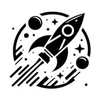 A bold black and white illustration of a rocket soaring through space, surrounded by stars, planets, and a circular frame. vector