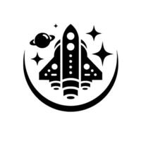 A stylized black and white illustration of a rocket ship surrounded by a planet, stars, and a crescent arc, suggesting space exploration. vector