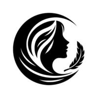 Elegant silhouette a womans profile, gracefully framed by a crescent and a feather, in a striking black and white design. vector