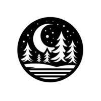 A stylized monochrome depiction of a tranquil winter night scene, featuring a crescent moon, starry sky, silhouetted pine trees, and a snowcovered landscape, all enclosed within a circular frame. vector