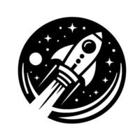 Bold, stylized black and white of a retro rocket ship blasting off into the starry cosmos, enclosed within a circular frame. vector