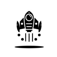 A stylized black and white illustration of a rocket ship taking off, emitting steam and bubbles, a minimalist space exploration graphic. vector