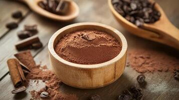 Rich cocoa powder and coffee beans arranged on a wooden surface with cinnamon sticks at a cozy kitchen setting, perfect for baking or beverages photo