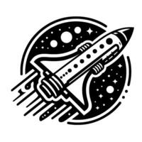 A dynamic, stylized black and white illustration of a retro rocket ship blasting off within a spacethemed circular frame, stars included. vector