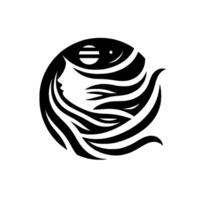 A minimalist, circular featuring a womans profile within a stylized fish silhouette, incorporating elements of the moon and flowing hair, evoking a sense of serenity. vector