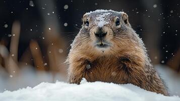 Fluffy groundhog emerges from snow on Groundhog Day celebrating wildlife in its natural habitat with clear space for text display photo