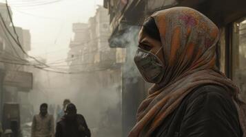 Woman in a colorful scarf and mask stands on a busy street amidst smog and haze, emphasizing urban air pollution and public health concerns photo