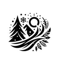 A minimalist winter scene in a circular black and white design, featuring a stylized evergreen tree, house, sun, snowflake and decorative foliage. vector