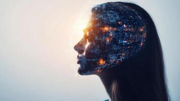 Delving deep into the intricate fusion of advanced technology and the essence of human identity within an imaginative, futuristic digital landscape photo