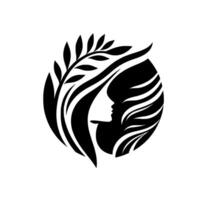 Silhouette of a womans profile surrounded by flowing hair and a leafy branch, enclosed within a circular frame, presented in stark black and white contrast. vector