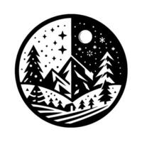 A black and white circular illustration depicting a mountain landscape divided into day and night, with pine trees, stars, a moon, and a cabin. vector