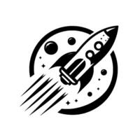 A bold, monochrome illustration of a rocket blasting off from a celestial backdrop with planets, stars, and a circular frame, creating a space exploration emblem. vector