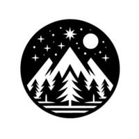 A serene nightscape illustration depicting stylized mountain peaks, silhouetted pine trees, a radiant moon, and twinkling stars within a circular frame, rendered in black and white. vector