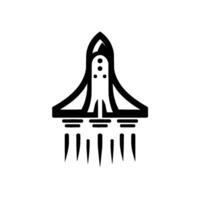 Bold illustration of a stylized spaceship taking off, rendered in a minimalist, monochrome, and geometric style on a bright white background. vector