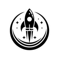 A minimalist black and white illustration of a rocket ship framed by a circle, with stars, symbolizing space exploration and innovation. vector