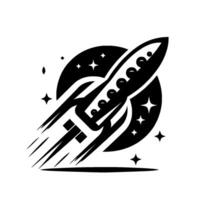 Monochrome space rocket design, featuring a stylized rocket blasting off against a backdrop of stars and a circular cosmic body, evoking a sense of adventure. vector