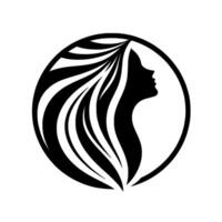 Elegant black silhouette of a womans profile within a circle, featuring flowing hair, on a clean white background. vector