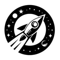 A stylized black and white featuring a rocket ship blasting off towards the moon, framed by a circle of stars and planets. vector