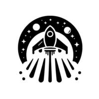 A stylized black and white illustration of a rocket launching into space, framed by a cosmic archway with stars and planets. vector