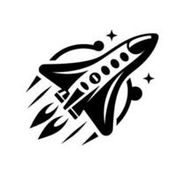 Bold black and white illustration of a rocket ship soaring through space, featuring stars and abstract orbits, minimalist design. vector