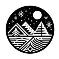 A stylized winter landscape within a black circle, featuring mountains, trees, a full moon, snowflakes, and stars in a graphic, minimalist design. vector