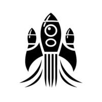 Bold black and white illustration of a retro rocket ship, depicting a simple yet dynamic on a pristine white background. vector