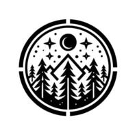 Circular monochrome illustration of a forest scene under a starry night sky featuring pine trees, mountains, a crescent moon and stars. vector
