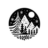 A minimalist black and white within a circle featuring a winter mountain scene with detailed trees, snowflakes, stars, and a full moon. vector