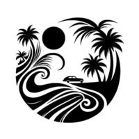 A stylized black and white tropical coastal scene featuring palm trees, stylized waves, a circular sun, and a classic car, creating a tranquil and nostalgic vibe within a circular frame. vector