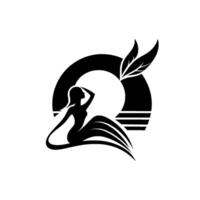 A stylized silhouette of a mermaid gazing upwards, integrated with a sun design, two leaves, and horizontal stripes, creating a serene, minimalist logo. vector