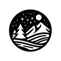 A winter night scene within a circle snowy mountains, fir trees, a full moon, and falling snowflakes, depicted in black and white art. vector