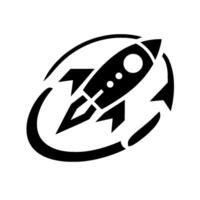 Black and white featuring a rocket ship encircled by an oval, with arrows indicating movement. vector