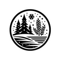 Circular winter scene black and white minimalist illustration depicting evergreen trees, snowflakes, and foliage within a round frame, evoking a peaceful, cold atmosphere. vector