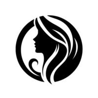 Elegant silhouette of a womans profile with flowing hair enclosed within a circular frame, representing femininity. vector