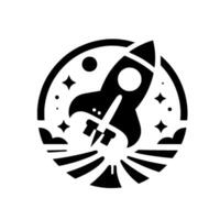 A minimalistic, black and white circular emblem depicts a rocket launching with stylized stars and clouds, conveying space exploration. vector