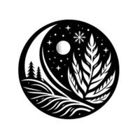 A stylized, black and white circular depicting a winter night scene with trees, moon, stars, snowflake, and stylized plant life, creating a harmonious balance. vector
