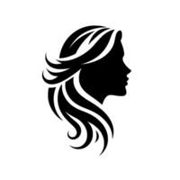 Elegant black silhouette of a woman with flowing hair, set against a white background, illustrating beauty and grace. vector