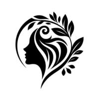 Elegant black silhouette of a womans face surrounded by lush leaves in a circular, symmetrical composition, suggesting beauty and natures harmony. vector