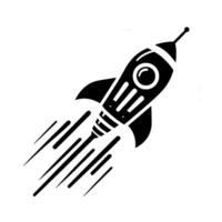 Monochrome stylized illustration of a rocket ship blasting off, encircled by a grey halo, leaving motion trails against a clean white backdrop, symbolizing advancement. vector