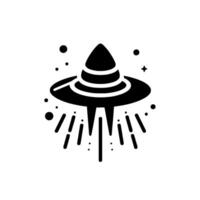 A stylized, black and white illustration of a ufo with a witchs hatlike shape, emitting lines of energy. surrounded by stars. vector