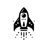 A minimalist black and white depicting a stylized rocket ship taking off with stylized flame and dotted trajectory on a plain white background. vector