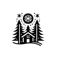 Monochromatic winter landscape a stylized cabin nestles among evergreen trees beneath a snowflakefilled sky, exuding a minimalist, festive charm. vector