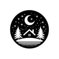 A serene, monochromatic illustration depicts a cozy cabin nestled amidst snowdusted pines under a crescent moon and starry night sky within a circular frame. vector