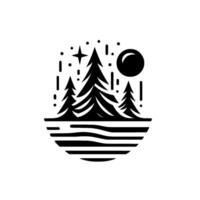 Minimalist black and white forest night scene featuring pines, stars, and moon over a horizontal silhouette. vector