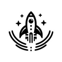 Simple black and white illustration of a rocket ship launching amidst stars and exhaust trails, symbolizing innovation and upward movement. vector