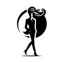 Elegant silhouette a stylish figure in a tailored suit with flowing hair, walking confidently with a striking black and white design. vector