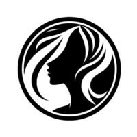 Silhouette of a womans profile with flowing hair contained within a circular frame, minimalist vector